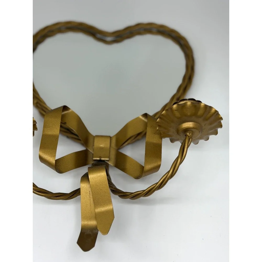 VTG Heart Mirror Candle Sconce Gold Bow Ribbon Twisted Metal‎ Hollywood Regency